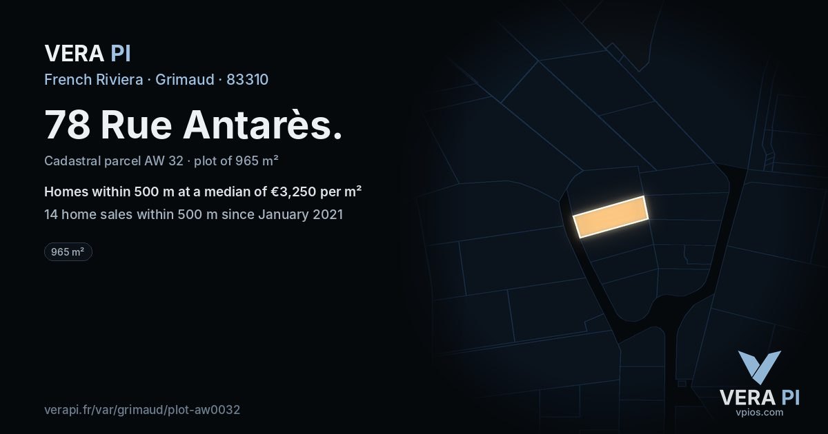 78 Rue Antarès, Grimaud at night – the plot lit, the parcels around coloured by the prices near them