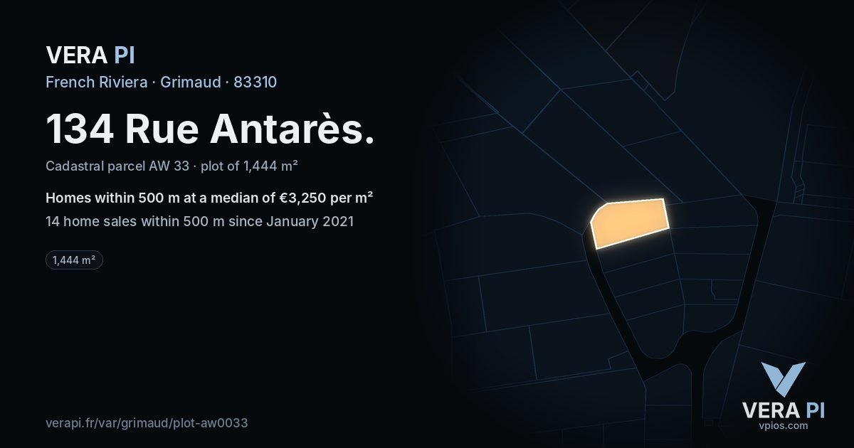 134 Rue Antarès, Grimaud at night – the plot lit, the parcels around coloured by the prices near them