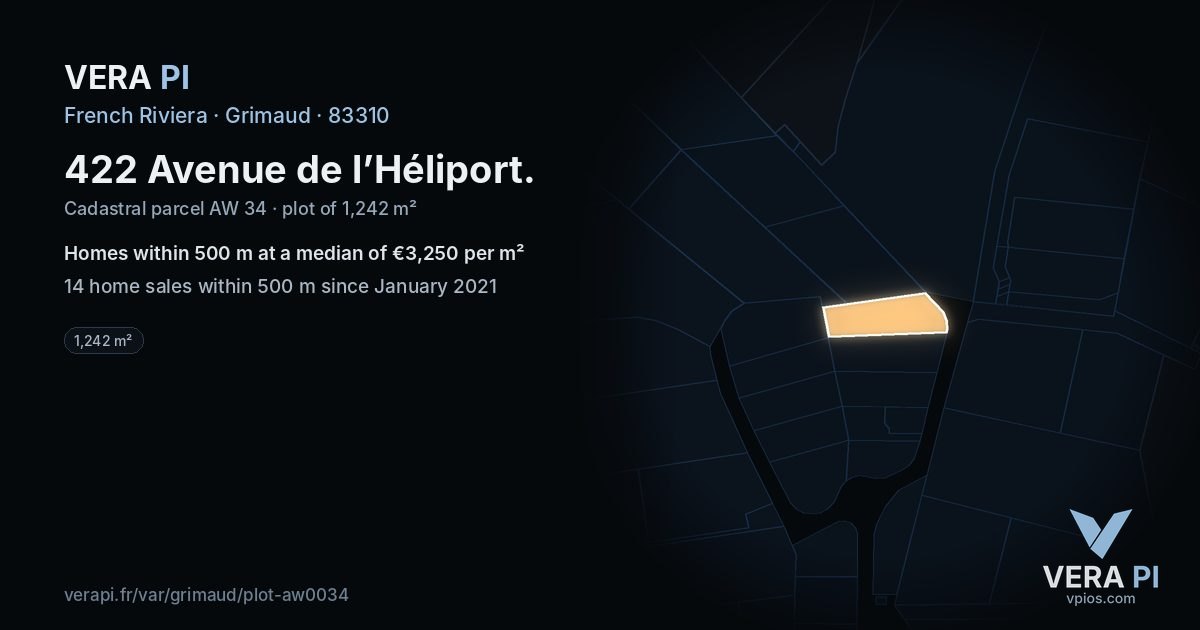 422 Avenue de l’Héliport, Grimaud at night – the plot lit, the parcels around coloured by the prices near them