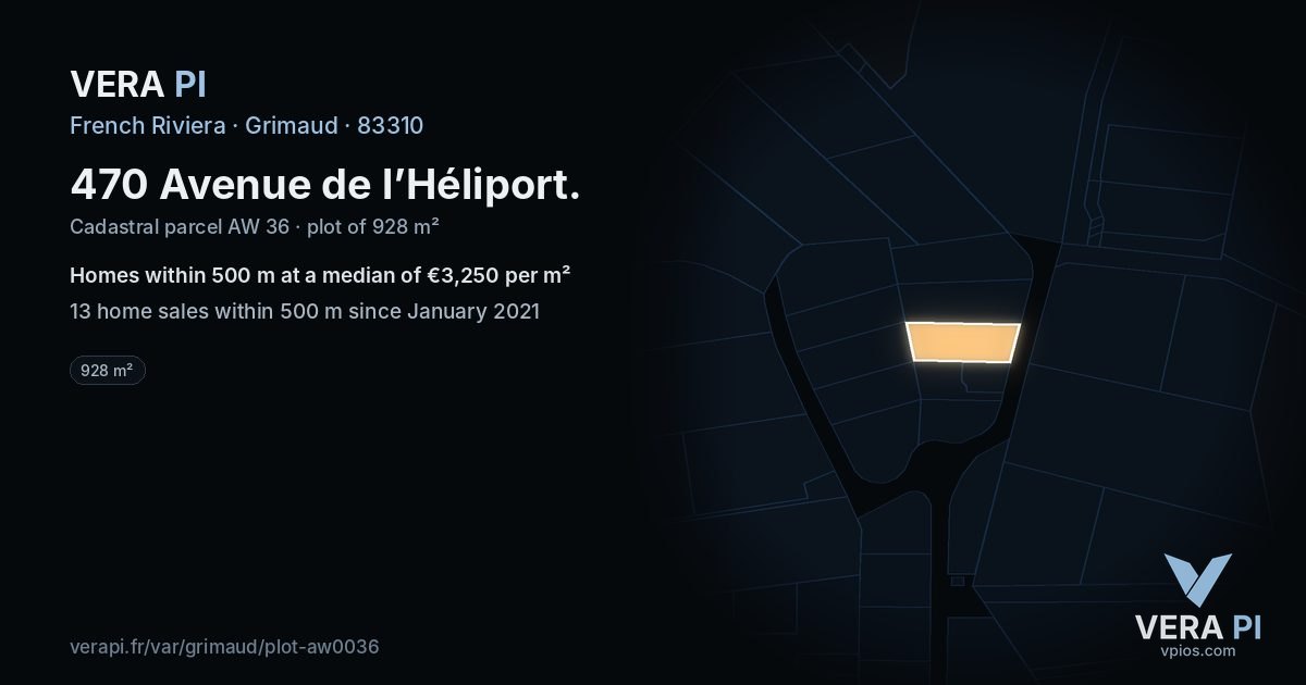 470 Avenue de l’Héliport, Grimaud at night – the plot lit, the parcels around coloured by the prices near them