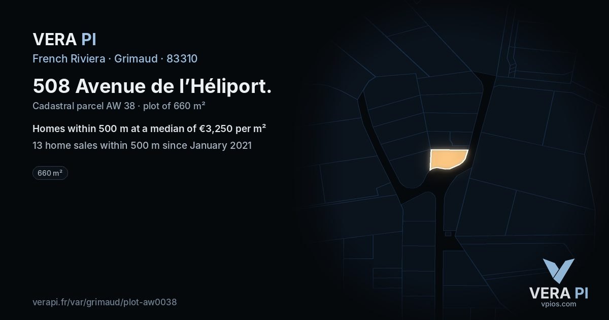 508 Avenue de l’Héliport, Grimaud at night – the plot lit, the parcels around coloured by the prices near them