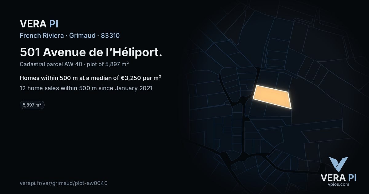 501 Avenue de l’Héliport, Grimaud at night – the plot lit, the parcels around coloured by the prices near them