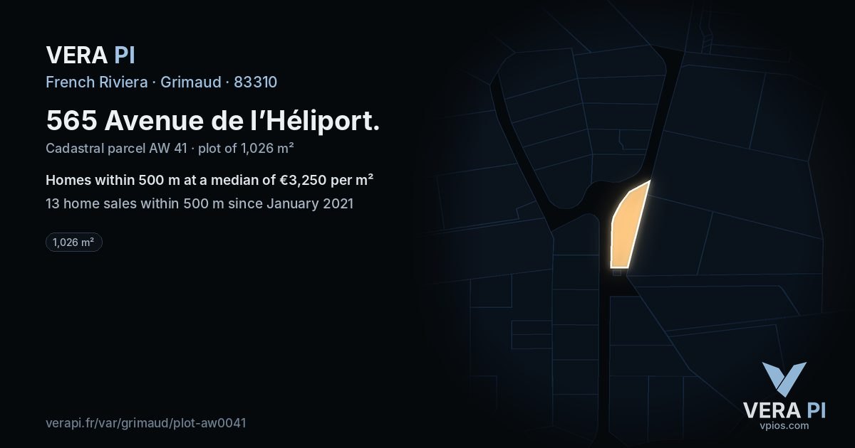 565 Avenue de l’Héliport, Grimaud at night – the plot lit, the parcels around coloured by the prices near them