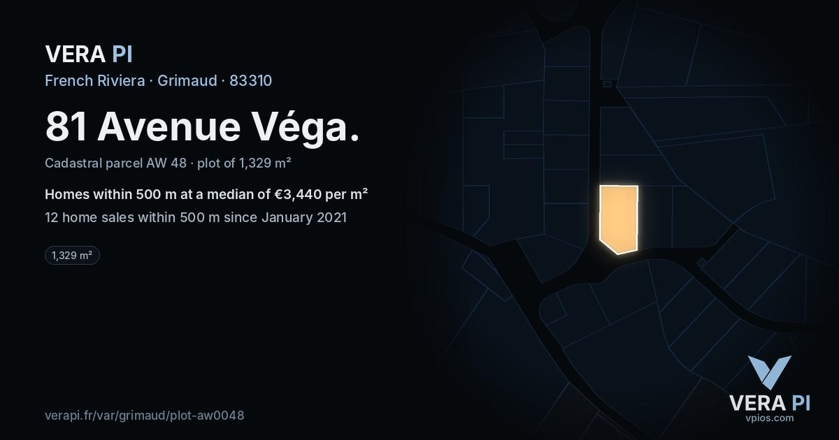 81 Avenue Véga, Grimaud at night – the plot lit, the parcels around coloured by the prices near them