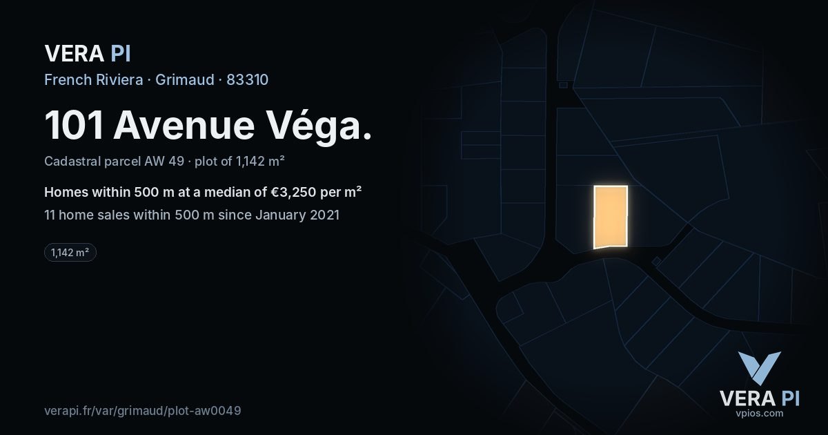 101 Avenue Véga, Grimaud at night – the plot lit, the parcels around coloured by the prices near them