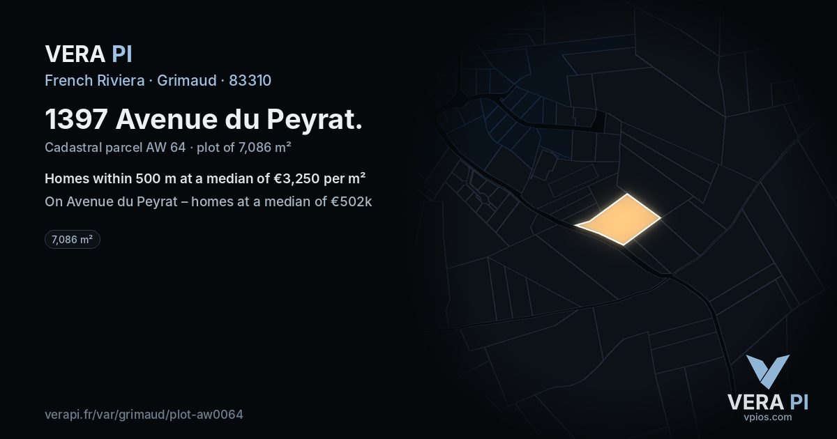 1397 Avenue du Peyrat, Grimaud at night – the plot lit, the parcels around coloured by the prices near them