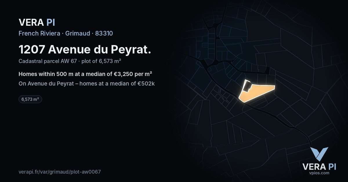 1207 Avenue du Peyrat, Grimaud at night – the plot lit, the parcels around coloured by the prices near them