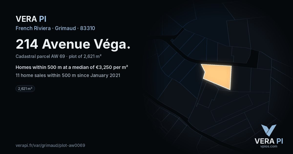 214 Avenue Véga, Grimaud at night – the plot lit, the parcels around coloured by the prices near them