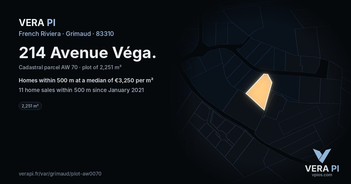 214 Avenue Véga, Grimaud at night – the plot lit, the parcels around coloured by the prices near them