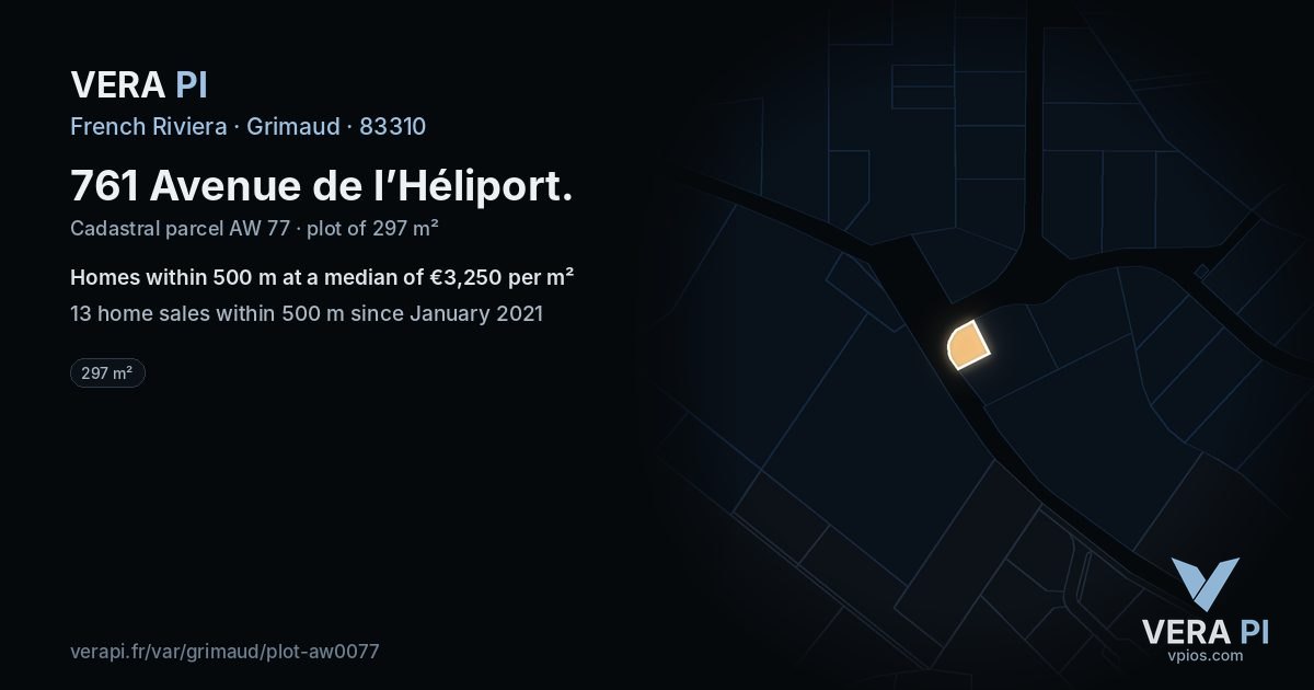 761 Avenue de l’Héliport, Grimaud at night – the plot lit, the parcels around coloured by the prices near them