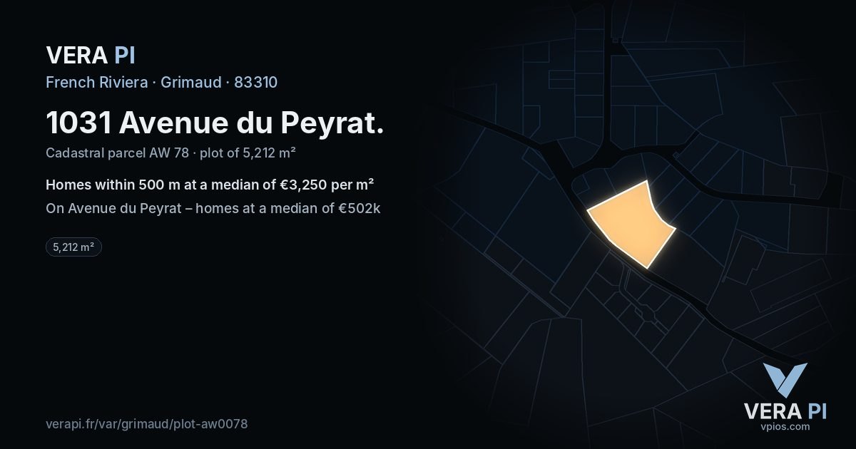 1031 Avenue du Peyrat, Grimaud at night – the plot lit, the parcels around coloured by the prices near them