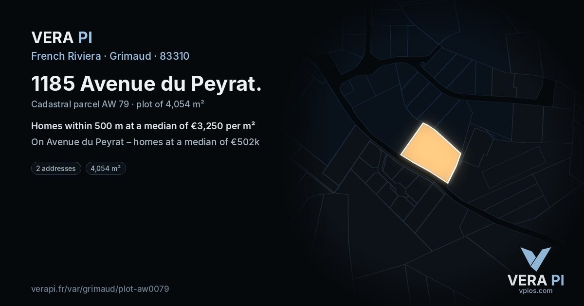 1185 Avenue du Peyrat, Grimaud at night – the plot lit, the parcels around coloured by the prices near them