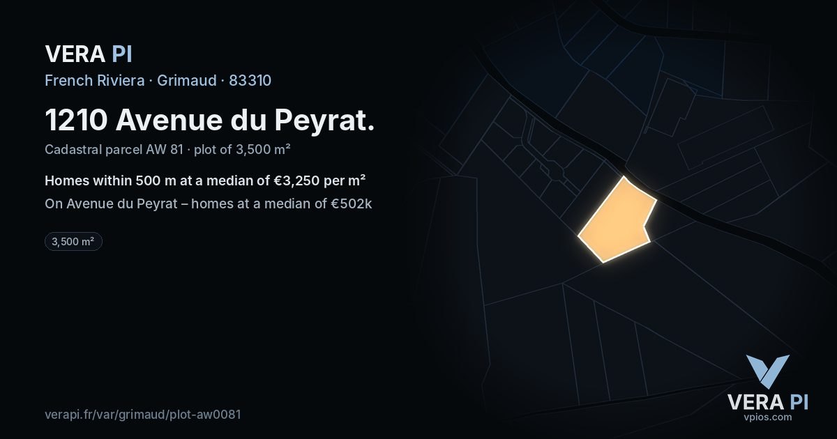 1210 Avenue du Peyrat, Grimaud at night – the plot lit, the parcels around coloured by the prices near them