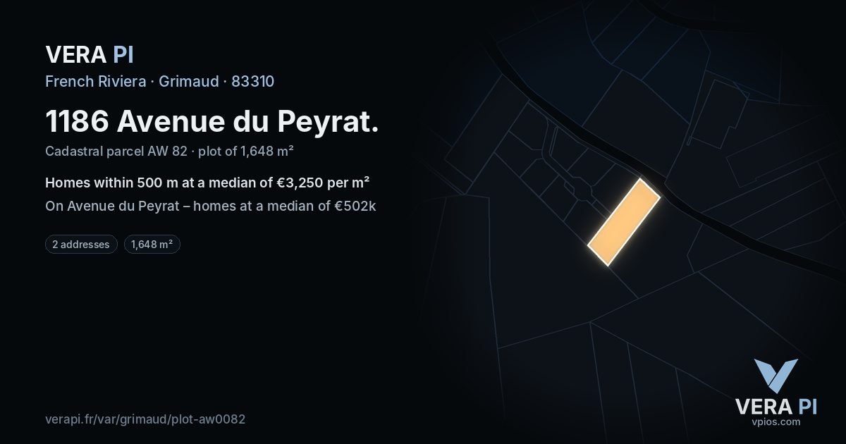 1186 Avenue du Peyrat, Grimaud at night – the plot lit, the parcels around coloured by the prices near them