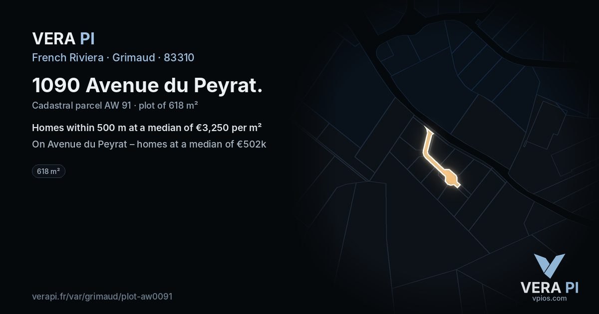 1090 Avenue du Peyrat, Grimaud at night – the plot lit, the parcels around coloured by the prices near them