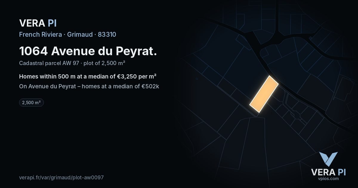 1064 Avenue du Peyrat, Grimaud at night – the plot lit, the parcels around coloured by the prices near them