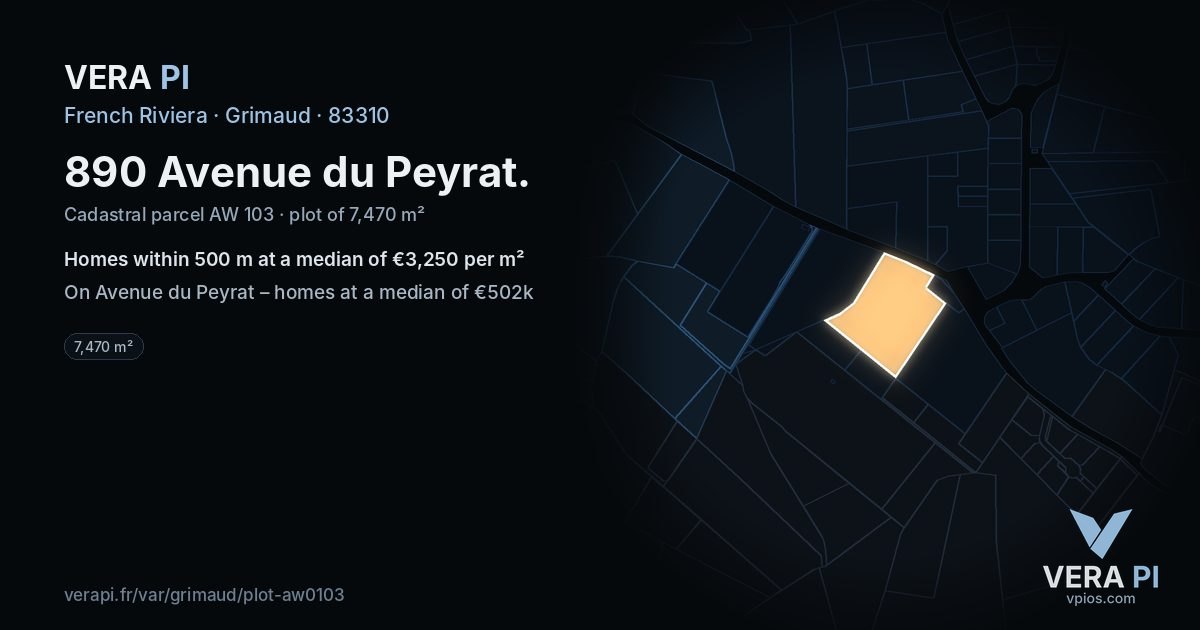 890 Avenue du Peyrat, Grimaud at night – the plot lit, the parcels around coloured by the prices near them