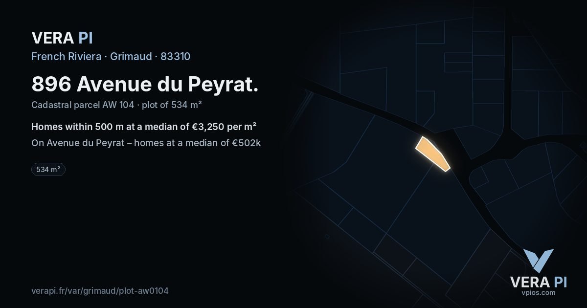 896 Avenue du Peyrat, Grimaud at night – the plot lit, the parcels around coloured by the prices near them