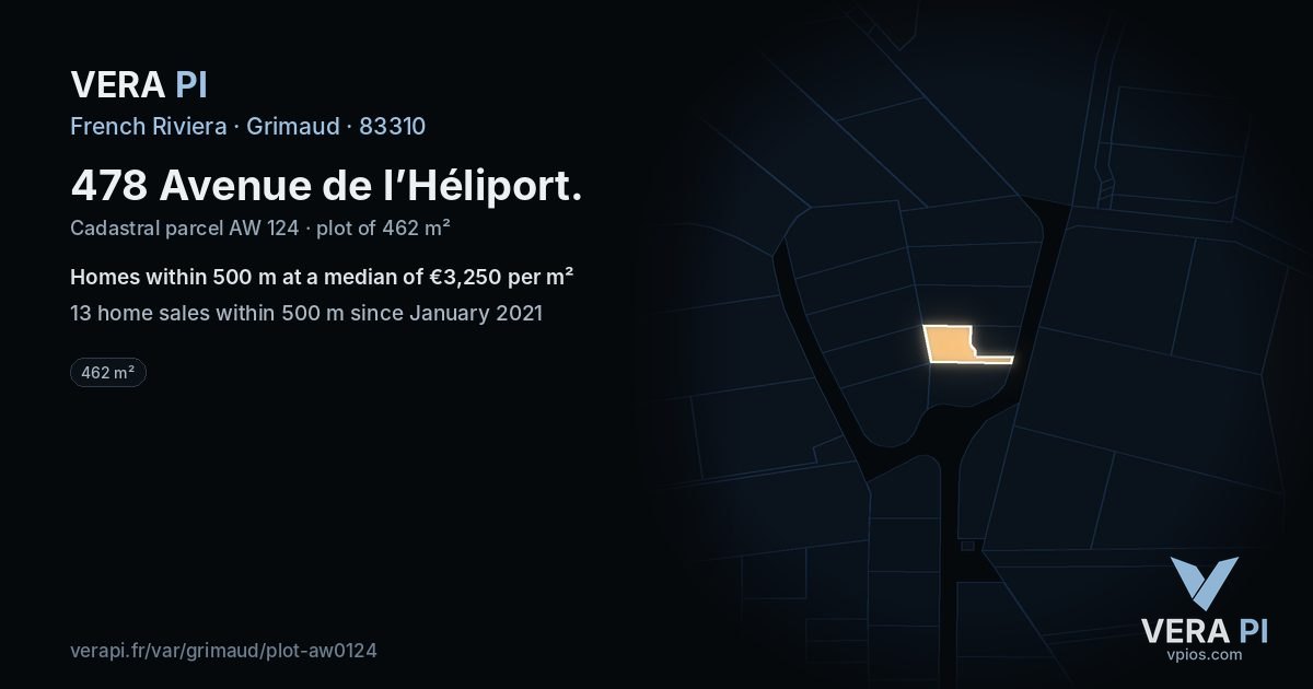 478 Avenue de l’Héliport, Grimaud at night – the plot lit, the parcels around coloured by the prices near them