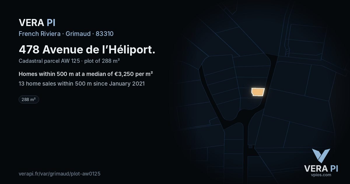 478 Avenue de l’Héliport, Grimaud at night – the plot lit, the parcels around coloured by the prices near them
