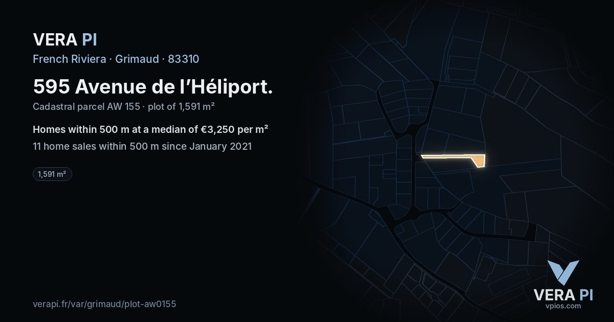 595 Avenue de l’Héliport, Grimaud at night – the plot lit, the parcels around coloured by the prices near them