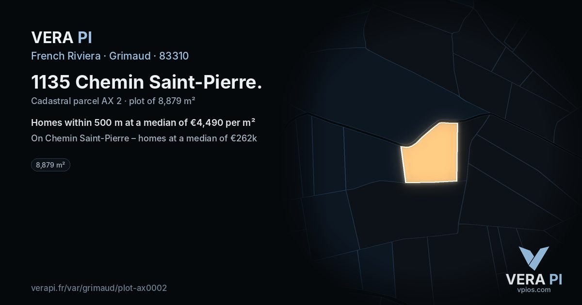 1135 Chemin Saint-Pierre, Grimaud at night – the plot lit, the parcels around coloured by the prices near them