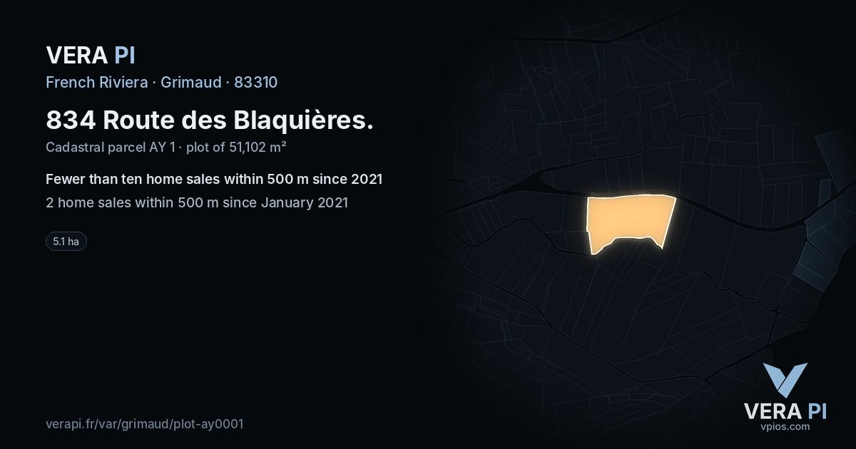 834 Route des Blaquières, Grimaud at night – the plot lit, the parcels around coloured by the prices near them