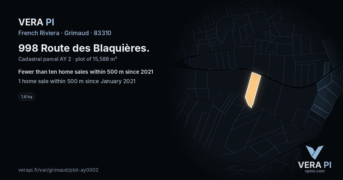 998 Route des Blaquières, Grimaud at night – the plot lit, the parcels around coloured by the prices near them