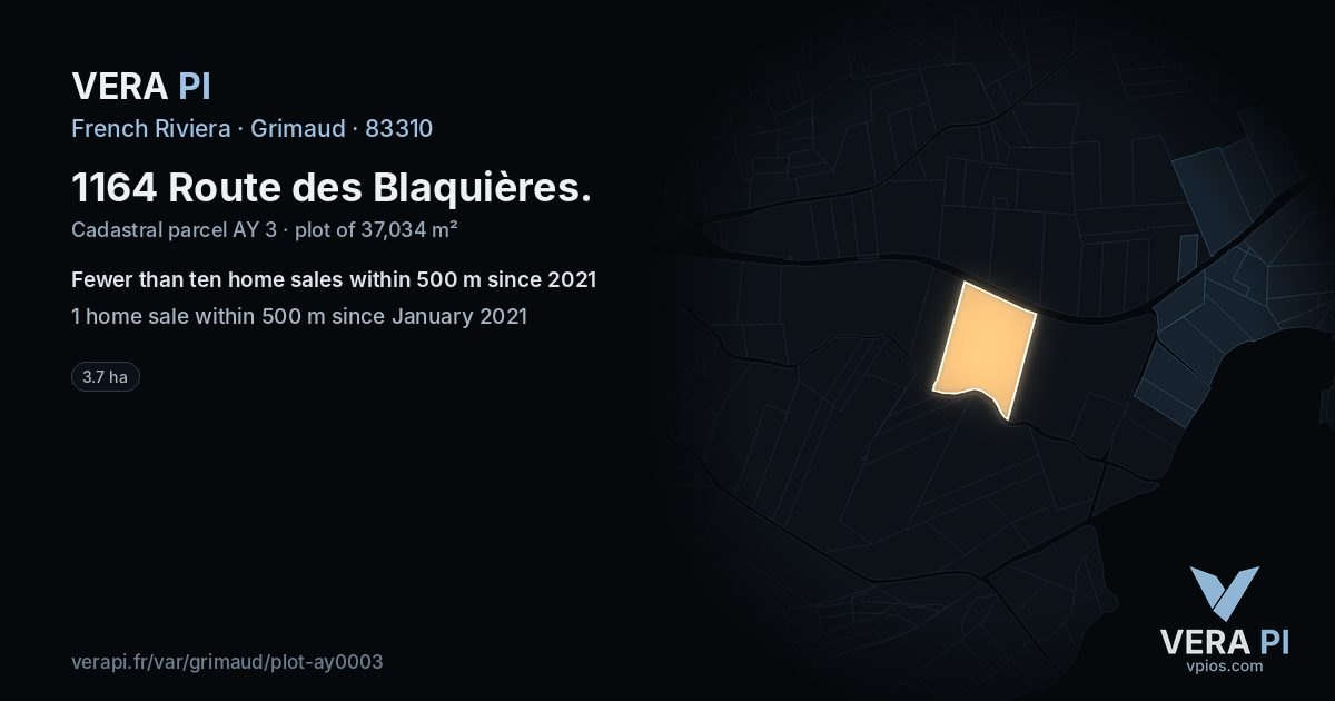 1164 Route des Blaquières, Grimaud at night – the plot lit, the parcels around coloured by the prices near them