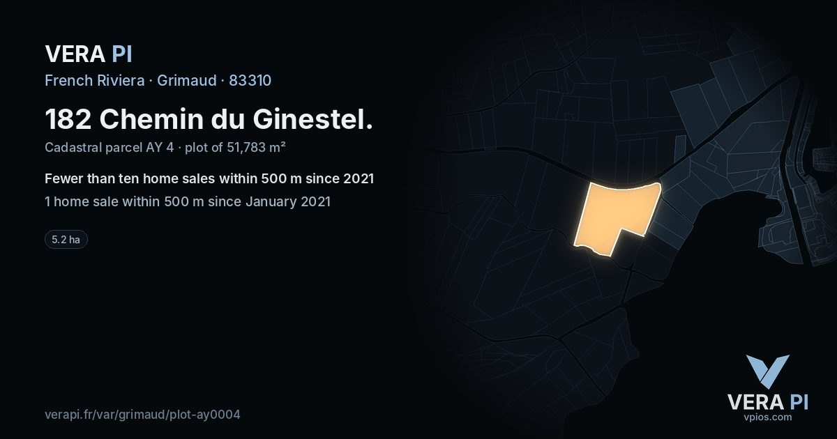 182 Chemin du Ginestel, Grimaud at night – the plot lit, the parcels around coloured by the prices near them