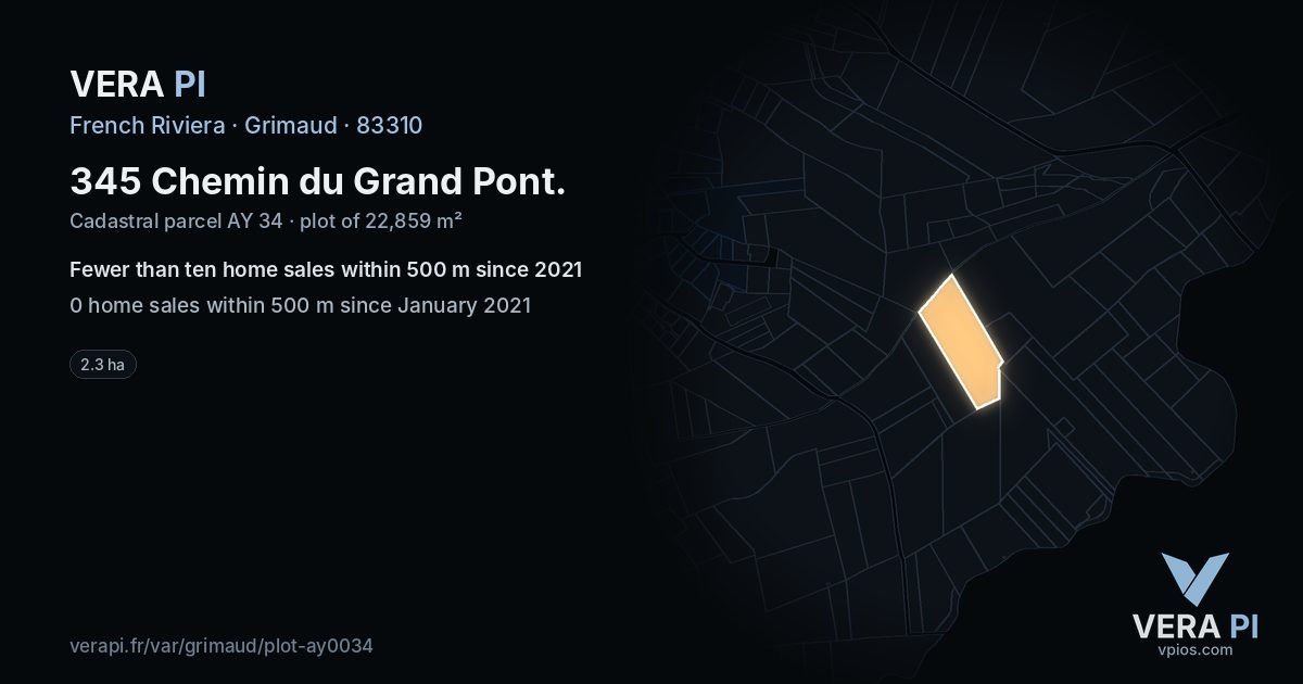 345 Chemin du Grand Pont, Grimaud at night – the plot lit, the parcels around coloured by the prices near them