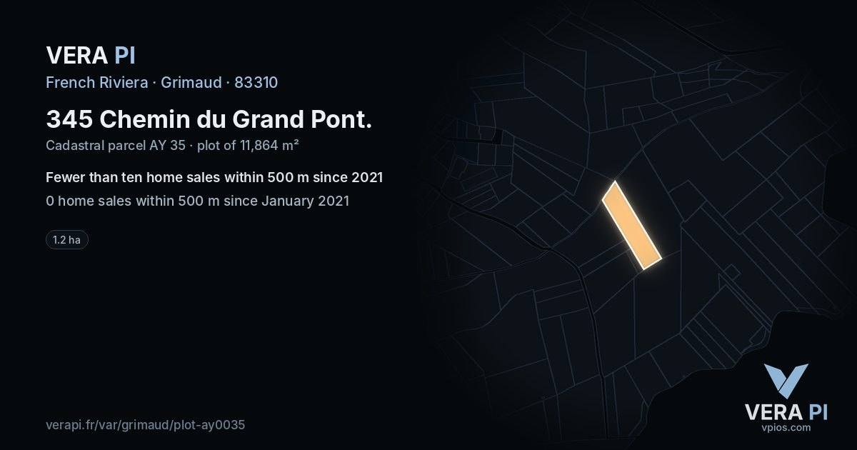 345 Chemin du Grand Pont, Grimaud at night – the plot lit, the parcels around coloured by the prices near them