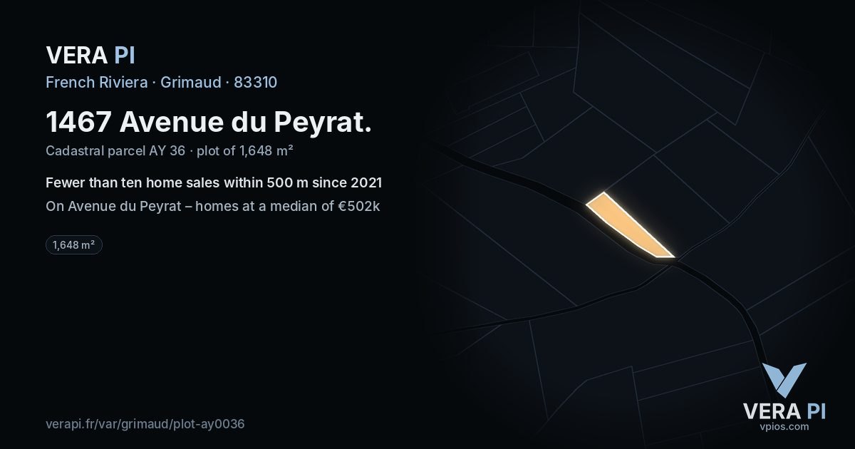 1467 Avenue du Peyrat, Grimaud at night – the plot lit, the parcels around coloured by the prices near them