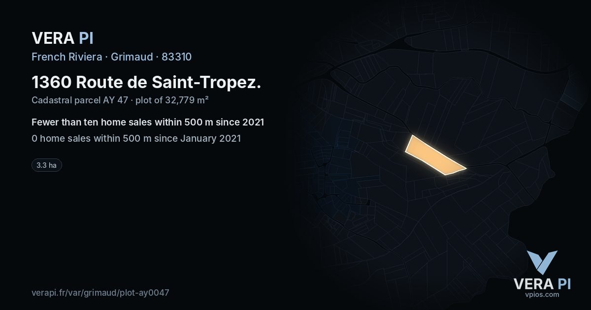 1360 Route de Saint-Tropez, Grimaud at night – the plot lit, the parcels around coloured by the prices near them