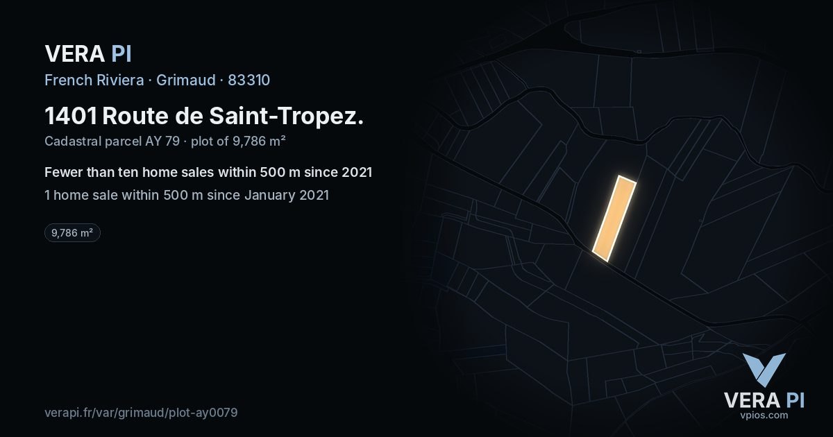 1401 Route de Saint-Tropez, Grimaud at night – the plot lit, the parcels around coloured by the prices near them