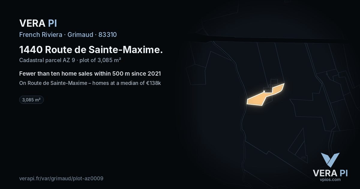1440 Route de Sainte-Maxime, Grimaud at night – the plot lit, the parcels around coloured by the prices near them