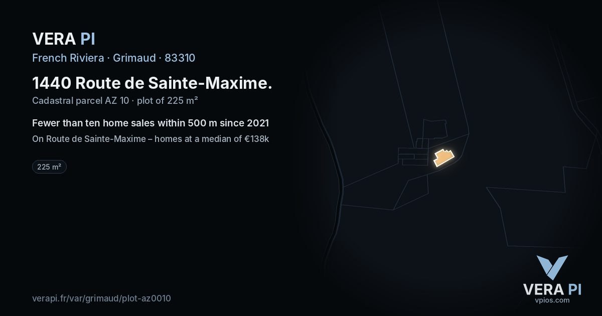 1440 Route de Sainte-Maxime, Grimaud at night – the plot lit, the parcels around coloured by the prices near them