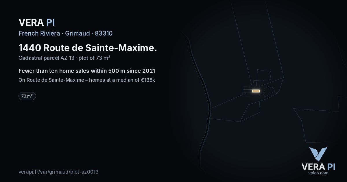 1440 Route de Sainte-Maxime, Grimaud at night – the plot lit, the parcels around coloured by the prices near them