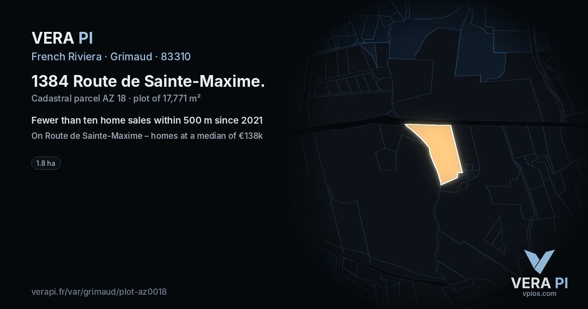 1384 Route de Sainte-Maxime, Grimaud at night – the plot lit, the parcels around coloured by the prices near them