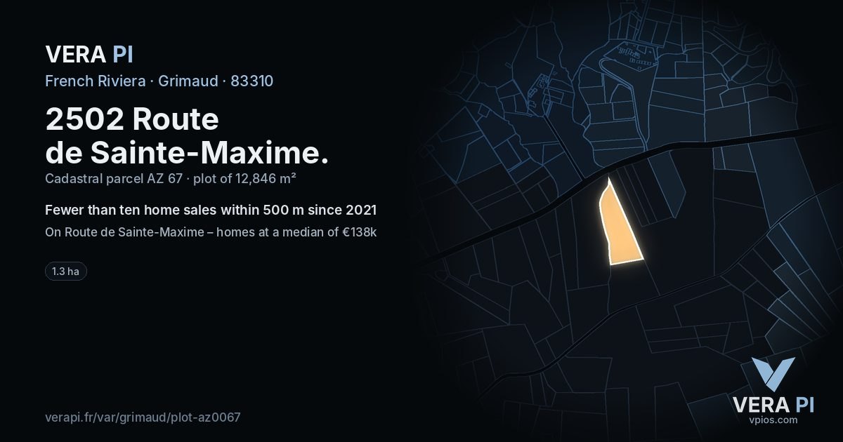 2502 Route de Sainte-Maxime, Grimaud at night – the plot lit, the parcels around coloured by the prices near them