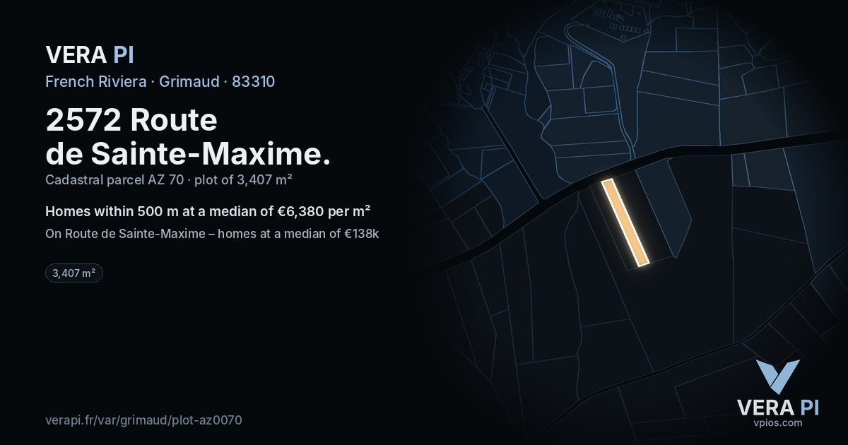 2572 Route de Sainte-Maxime, Grimaud at night – the plot lit, the parcels around coloured by the prices near them