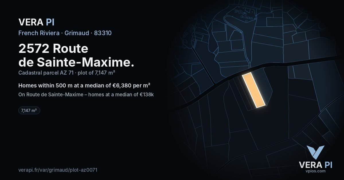 2572 Route de Sainte-Maxime, Grimaud at night – the plot lit, the parcels around coloured by the prices near them