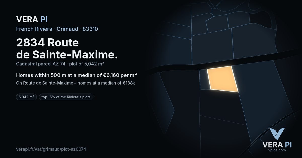 2834 Route de Sainte-Maxime, Grimaud at night – the plot lit, the parcels around coloured by the prices near them