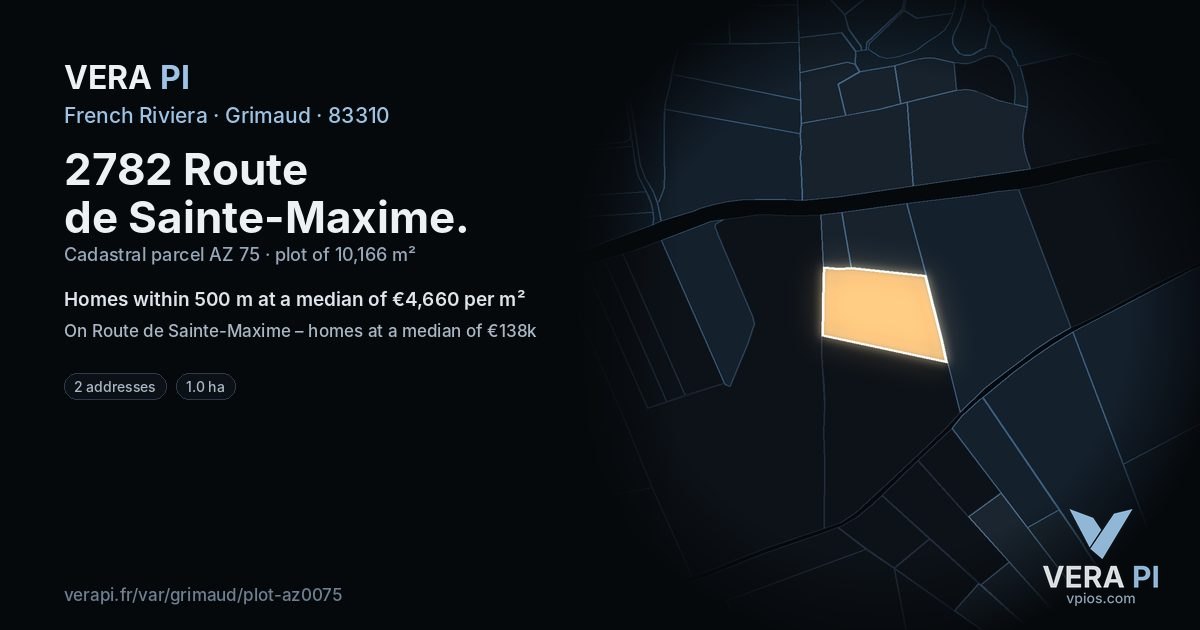 2782 Route de Sainte-Maxime, Grimaud at night – the plot lit, the parcels around coloured by the prices near them