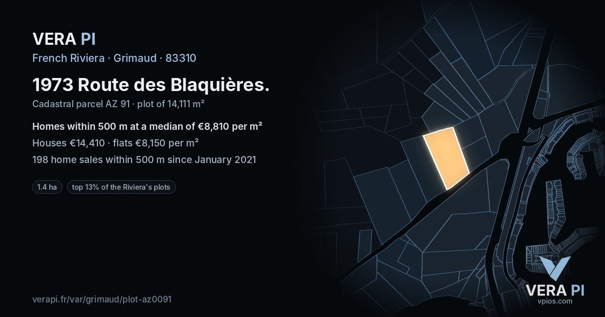 1973 Route des Blaquières, Grimaud at night – the plot lit, the parcels around coloured by the prices near them
