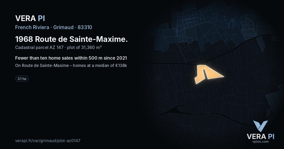 1968 Route de Sainte-Maxime, Grimaud at night – the plot lit, the parcels around coloured by the prices near them