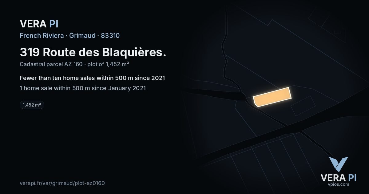 319 Route des Blaquières, Grimaud at night – the plot lit, the parcels around coloured by the prices near them