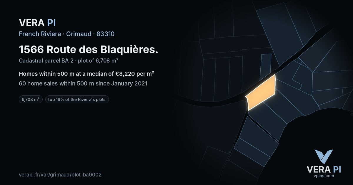 1566 Route des Blaquières, Grimaud at night – the plot lit, the parcels around coloured by the prices near them