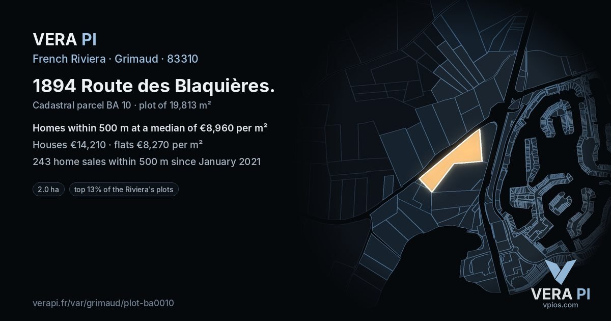 1894 Route des Blaquières, Grimaud at night – the plot lit, the parcels around coloured by the prices near them