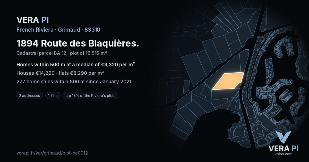 1894 Route des Blaquières, Grimaud at night – the plot lit, the parcels around coloured by the prices near them